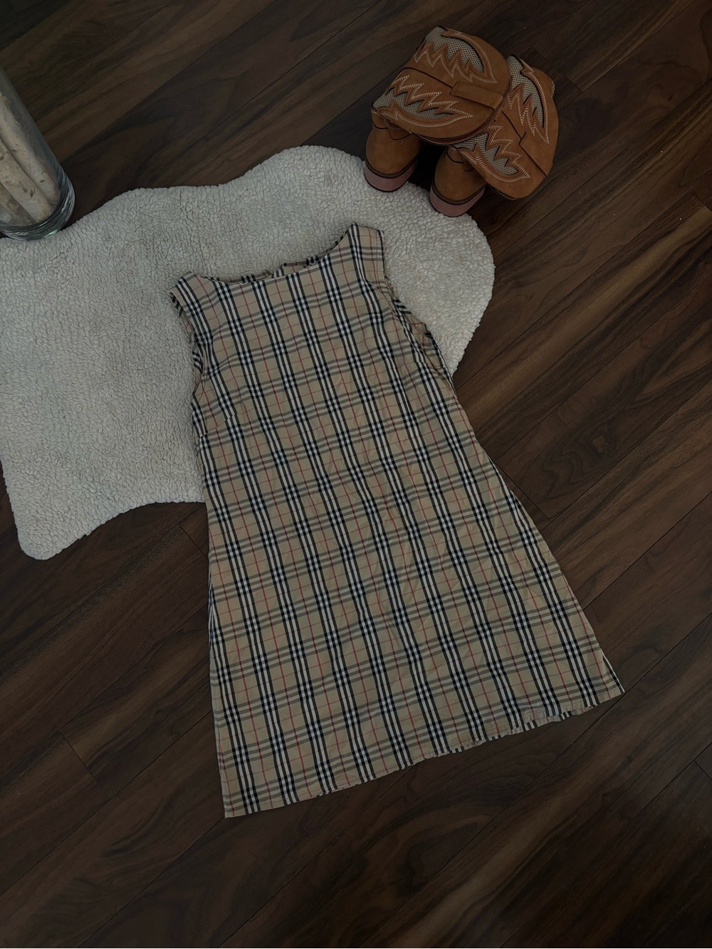 Classic Plaid Sleeveless Shift Dress - Beige Plaid
